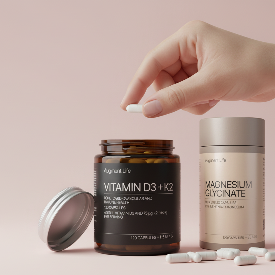 [one-percent.ro | augmentlife] Hand holding a supplement capsule with Vitamin D3 + K2 and Magnesium Glycinate containers on a pink background